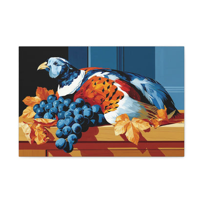 Tableau Nature Morte Perdrix Grappes Gibier - Table de Chasse - vue mur blanc minimaliste