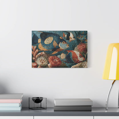 Tableau en Mosaïque Poisson Corail - Lagune de Tesselles - décor salon contemporain bois