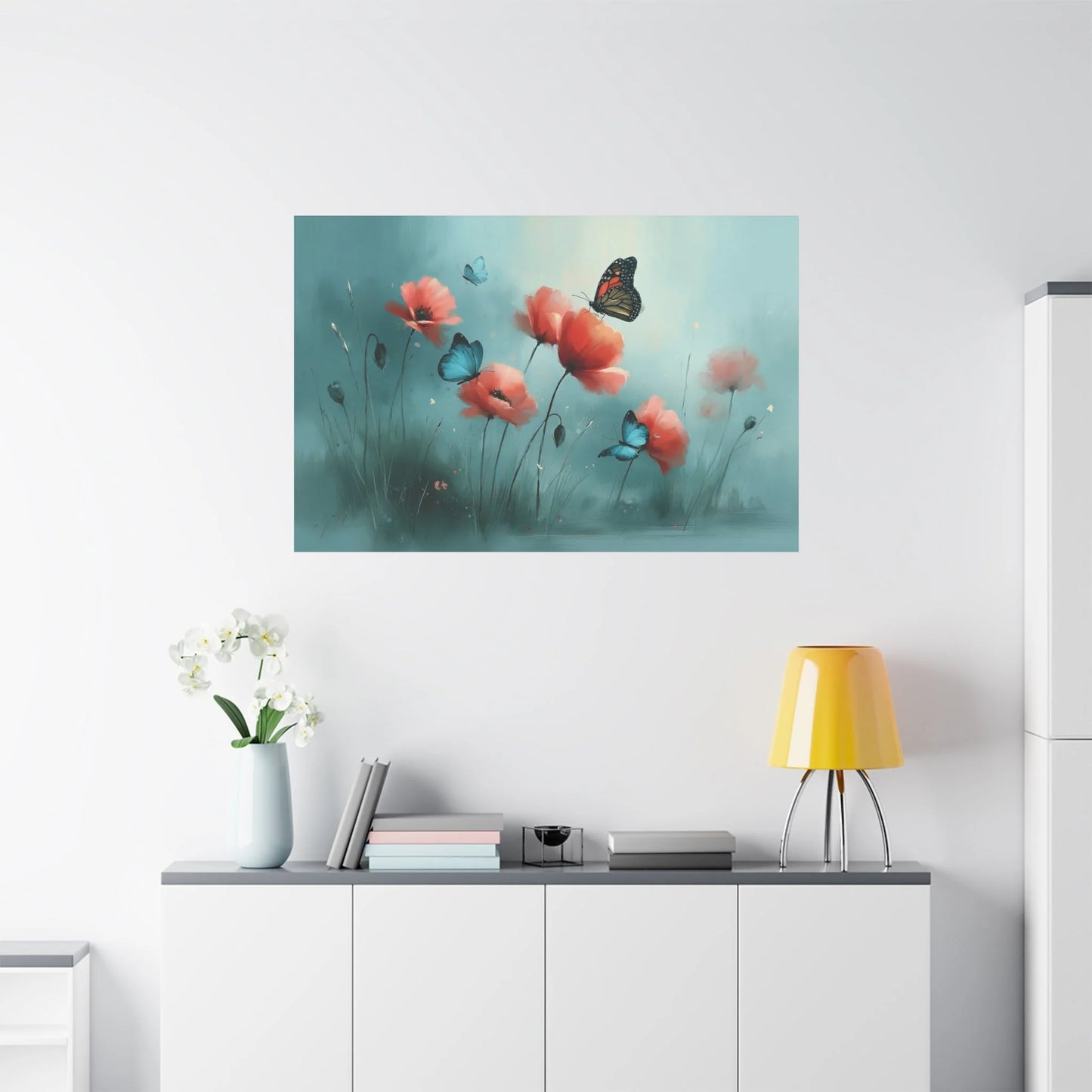 Tableau Coquelicots et Papillons - Romantisme Botanique - vue mur grande hauteur