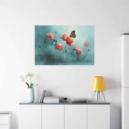 Tableau Coquelicots et Papillons - Romantisme Botanique - vue mur grande hauteur