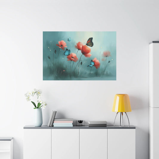 Tableau Coquelicots et Papillons - Romantisme Botanique - vue mur grande hauteur