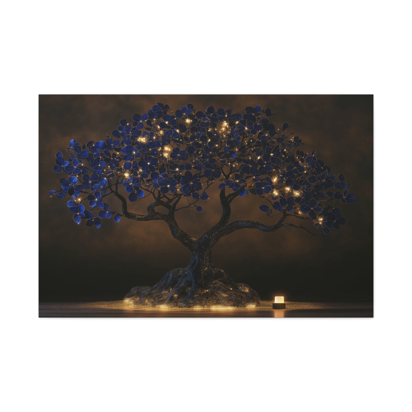 Grand Tableau Arbre de Vie, un arbre monumental aux feuillages bleu nuit ponctués de lumières dorées, format XXL - Art Virtuoso