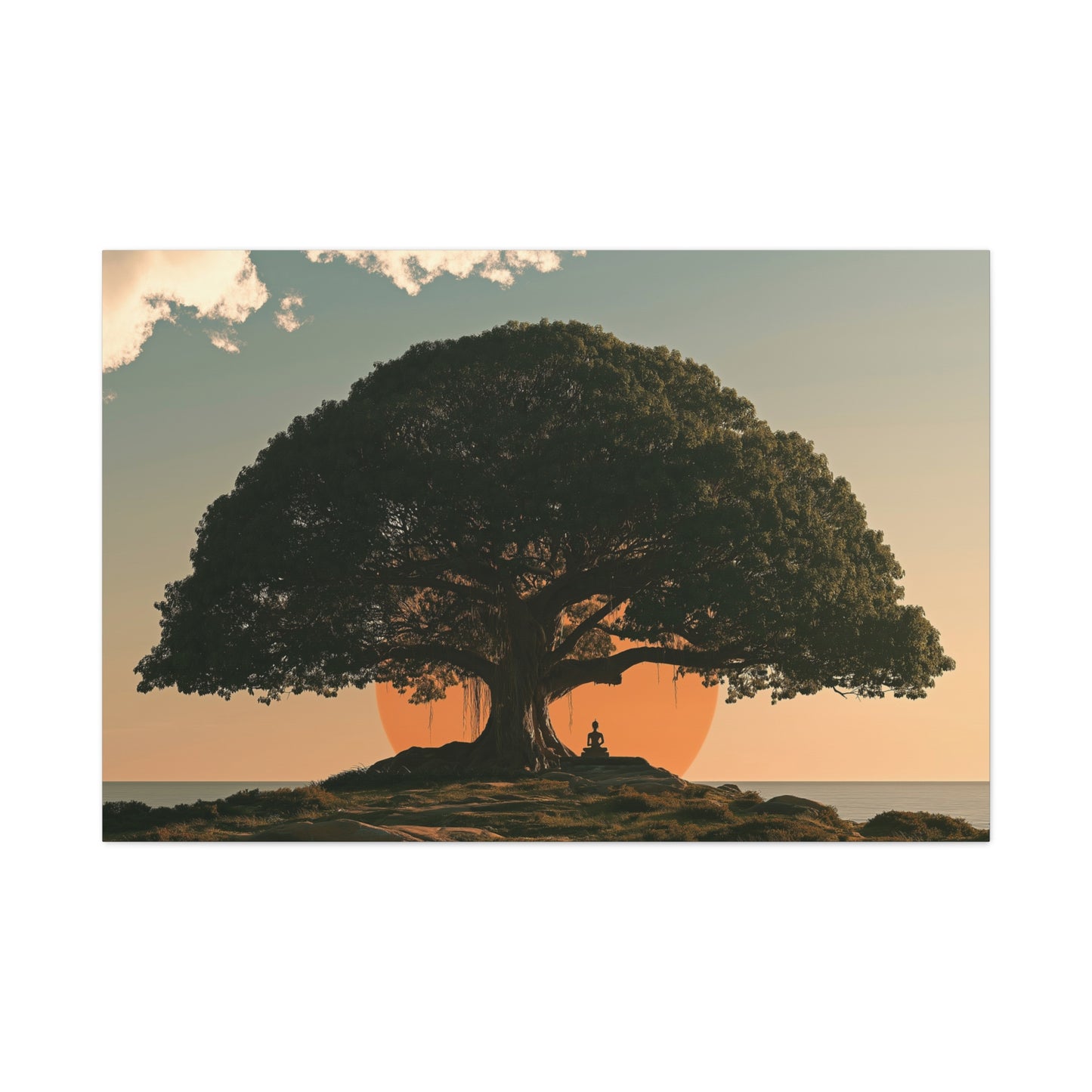 Tableau Arbre Bodhi, un figuier sacré solitaire posé devant un soleil terracotta, format XXL - Art Virtuoso
