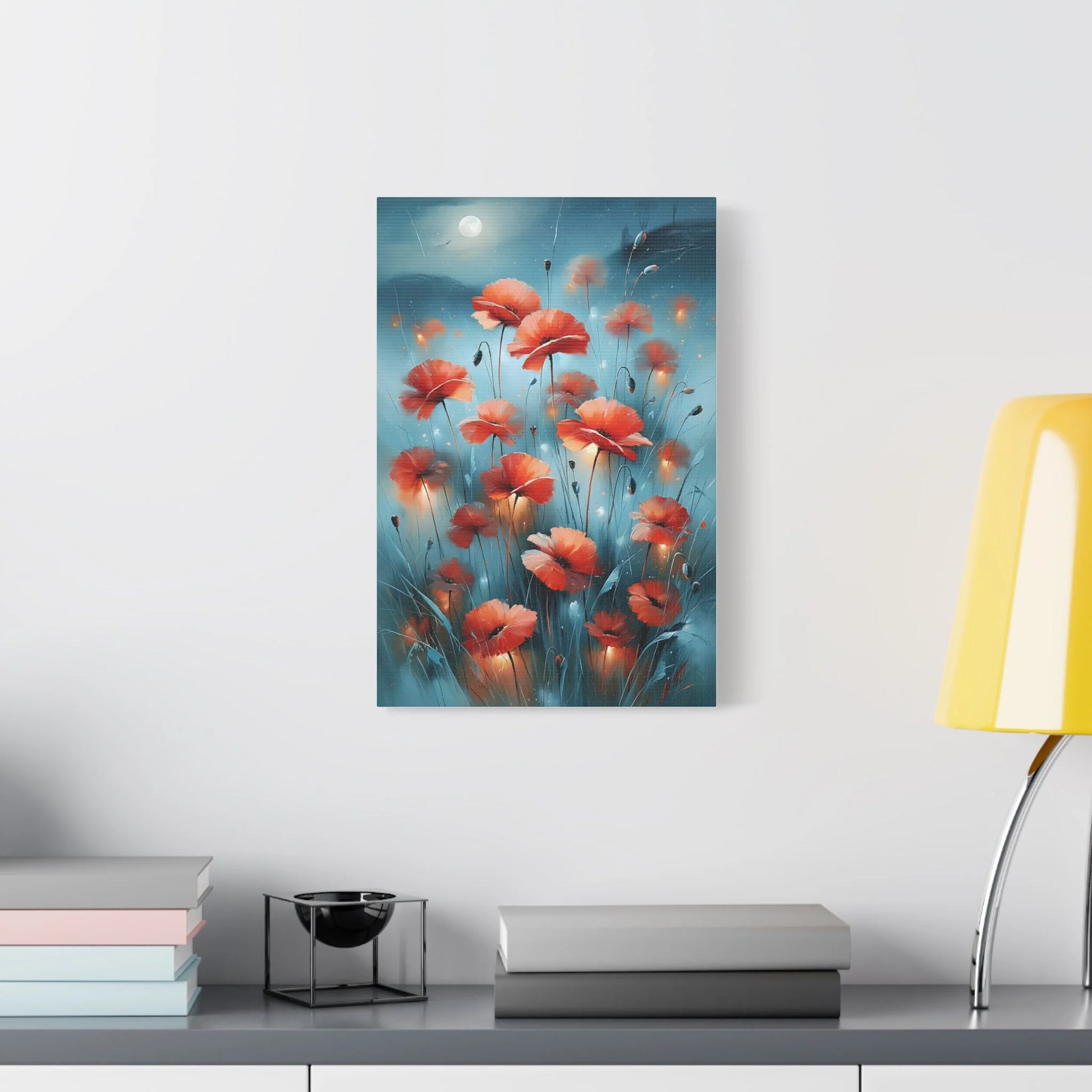 Tableau Coquelicots de Nuit - Clair de Lune - décor salon contemporain bois