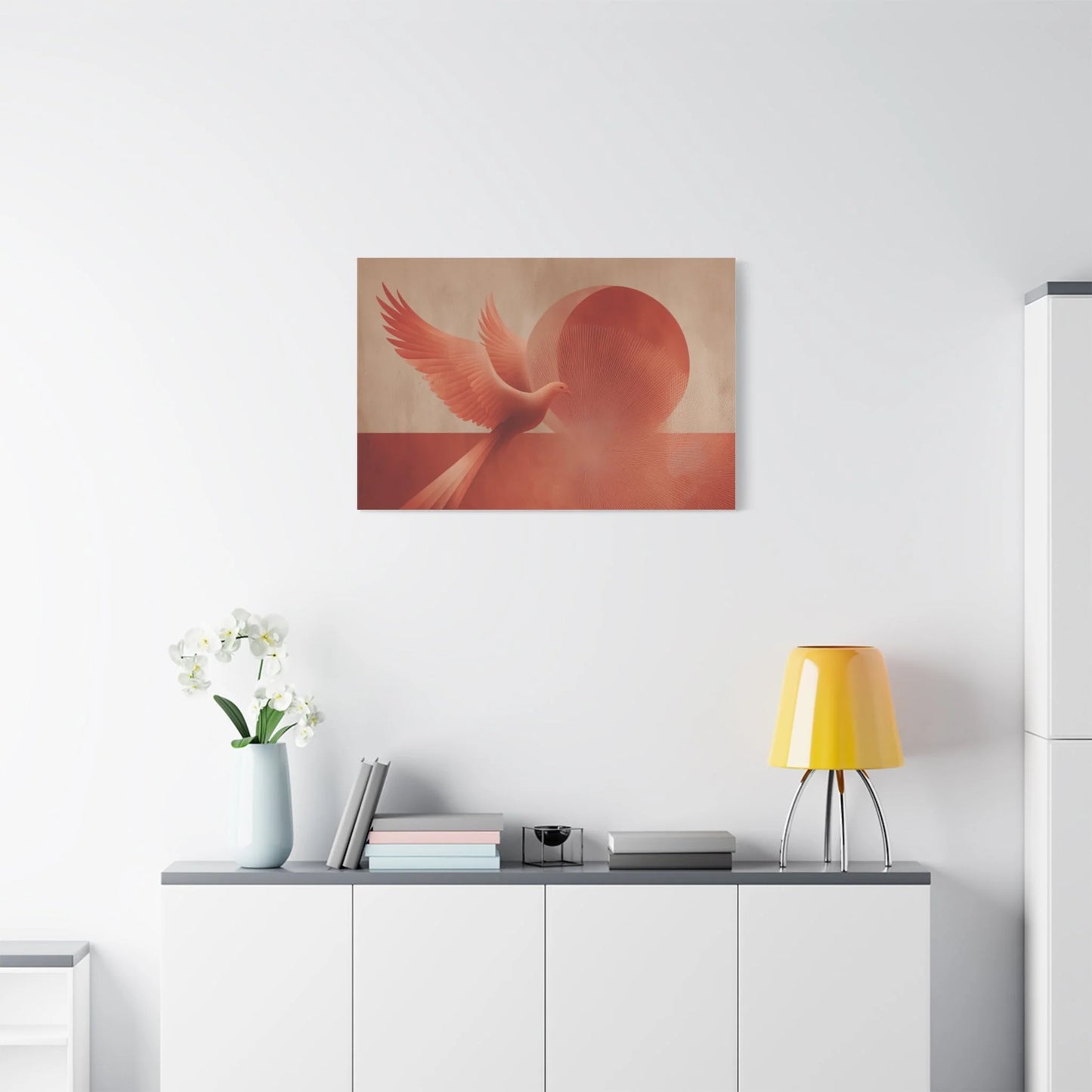 Tableau toile phénix terracotta dans un loft minimaliste