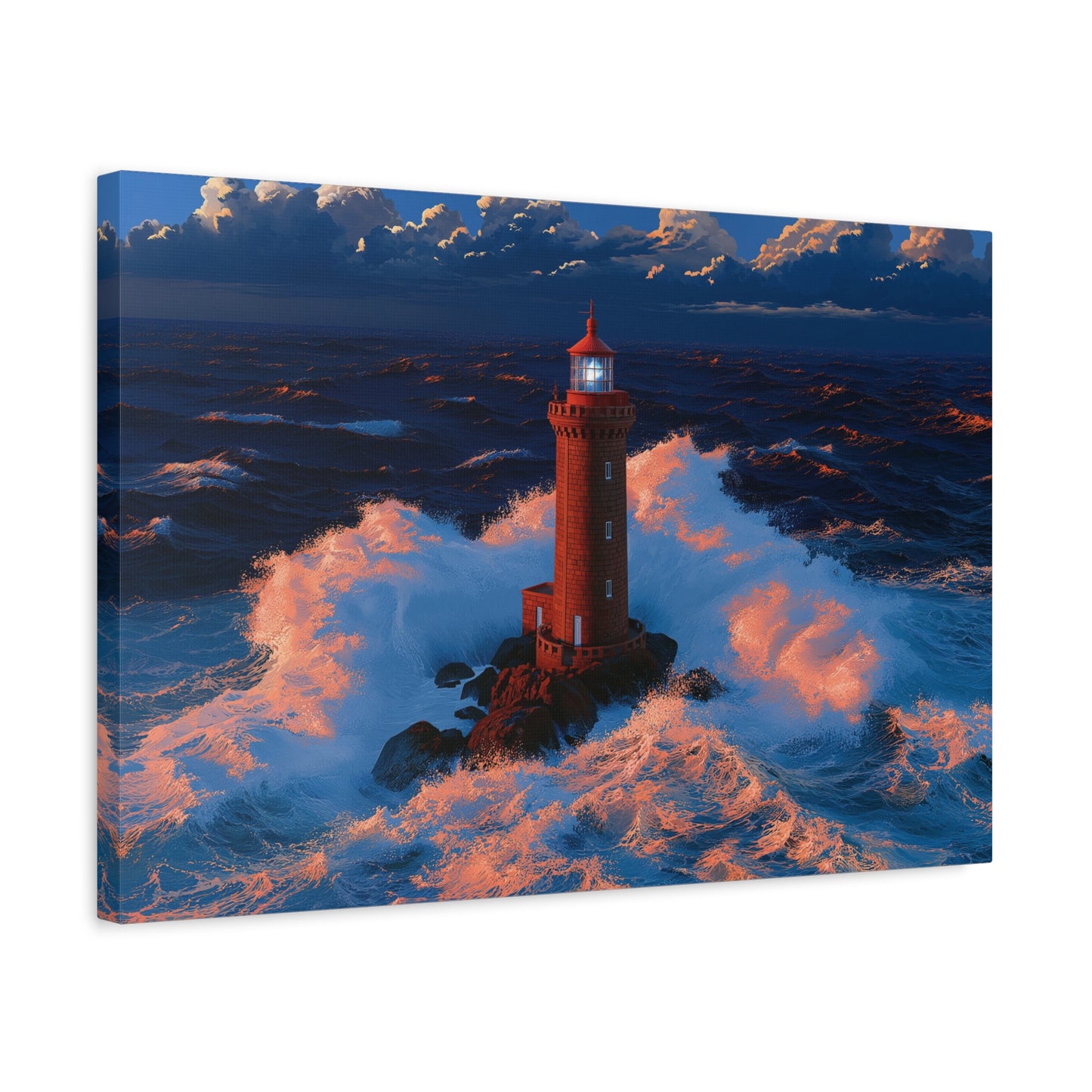 Phare rouge breton dans une tempete avec vagues puissantes et faisceau bleu - Art Virtuoso - vue 9/20