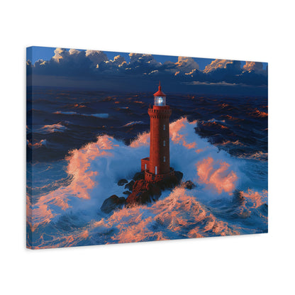 Phare rouge breton dans une tempete avec vagues puissantes et faisceau bleu - Art Virtuoso - vue 9/20