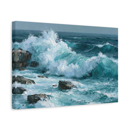 Vague turquoise puissante qui se brise sur des rochers sombres - Art Virtuoso - vue 6/20