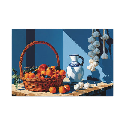 Tableau Nature Morte Panier Fruits et Tête de Mouton - Rusticité Ancienne - mise en scène entrée moderne