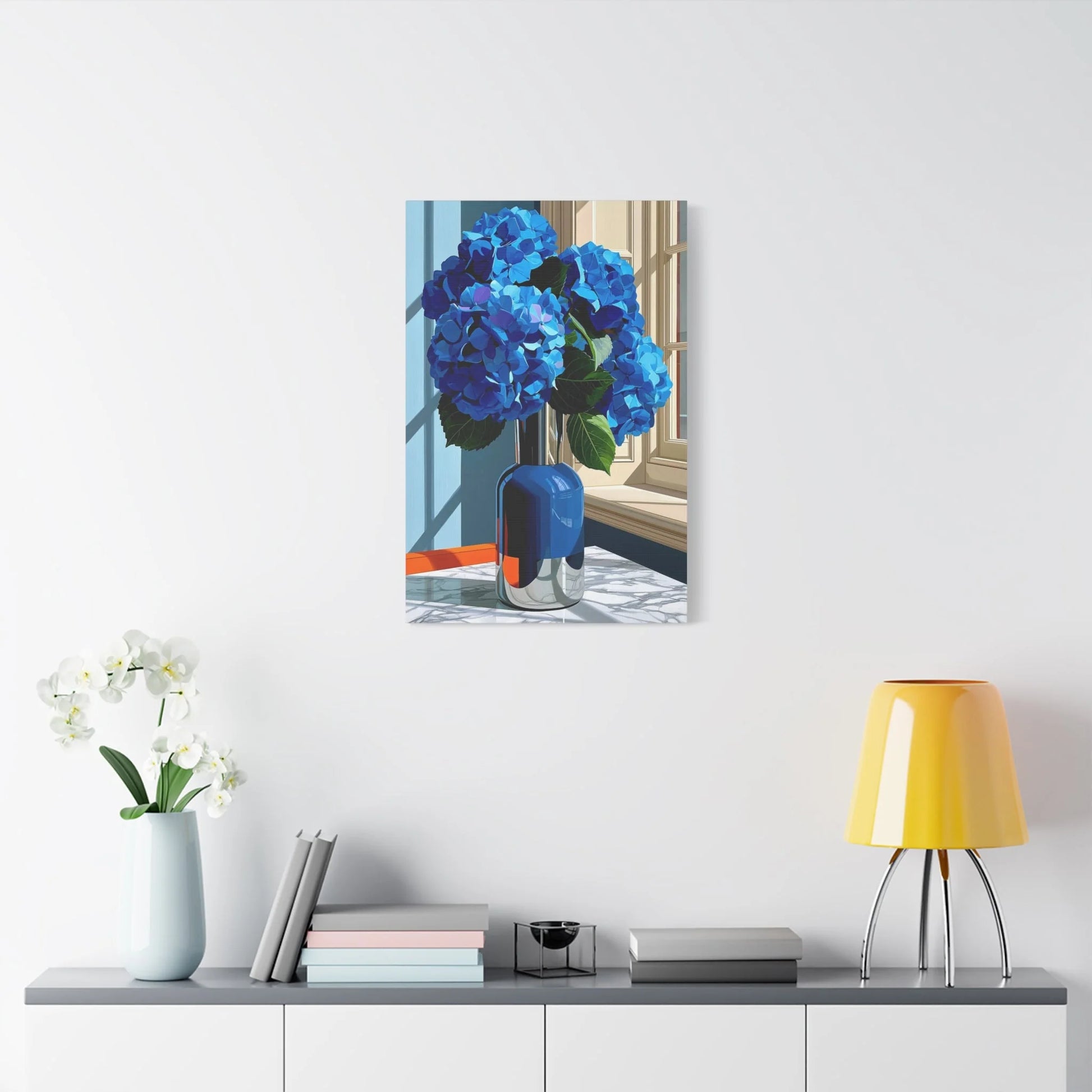 Tableau Nature Morte Hortensias Bleus Marbre - Fraîcheur Florale - grand format salon spacieux