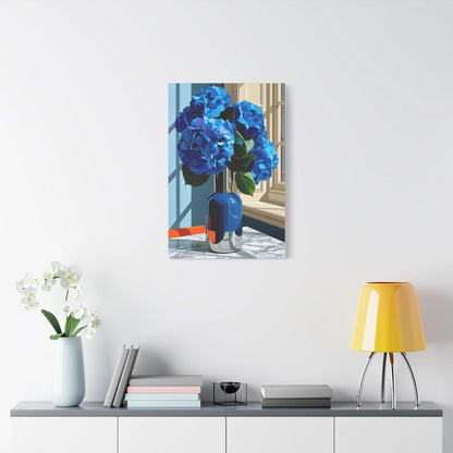 Tableau Nature Morte Hortensias Bleus Marbre - Fraîcheur Florale - grand format salon spacieux