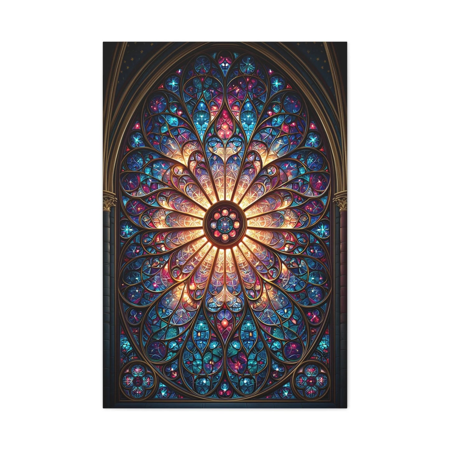 Tableau en Mosaïque Vitrail Gothique Rosace - Lumière Sacrée - ambiance bureau créatif