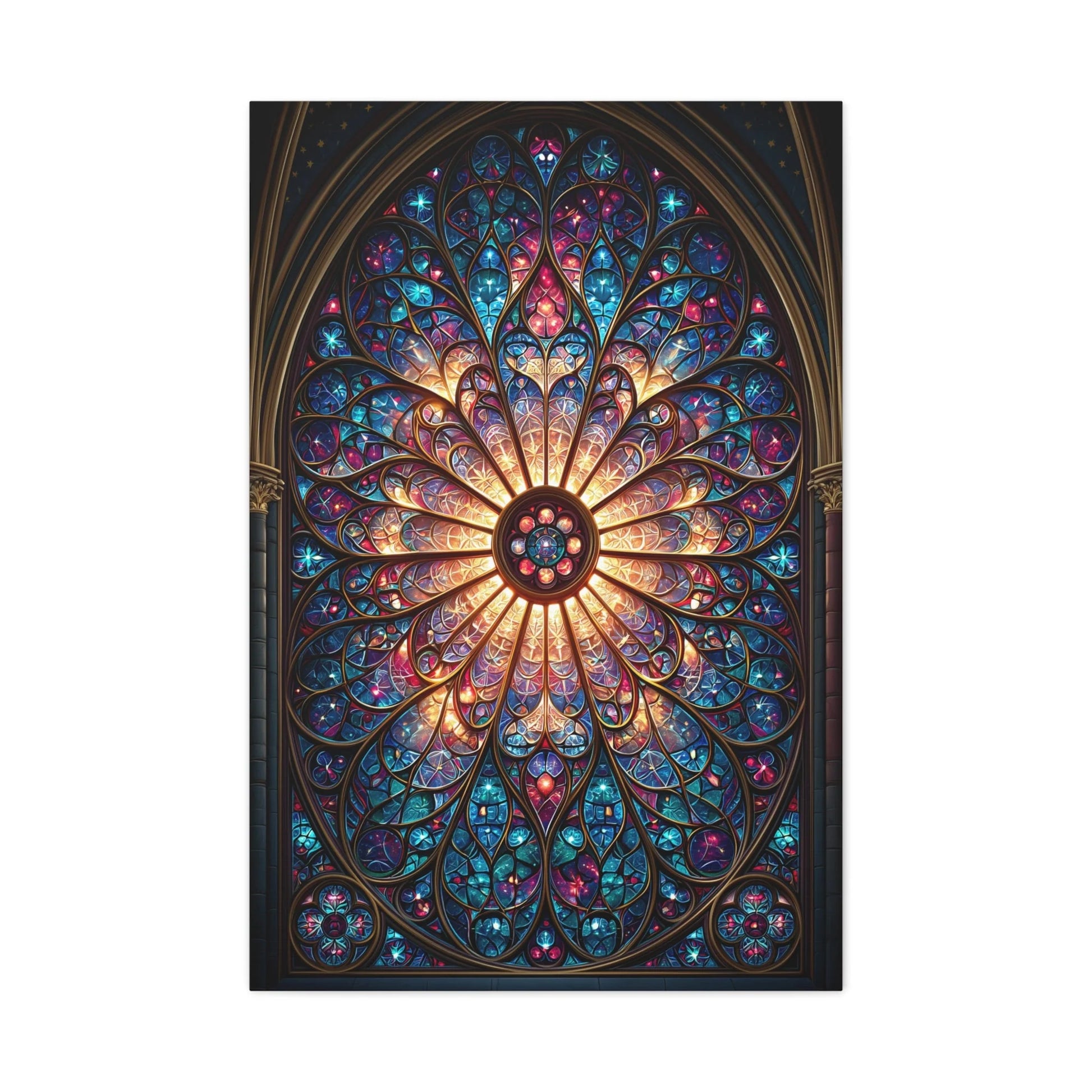 Tableau en Mosaïque Vitrail Gothique Rosace - Lumière Sacrée - ambiance bureau créatif