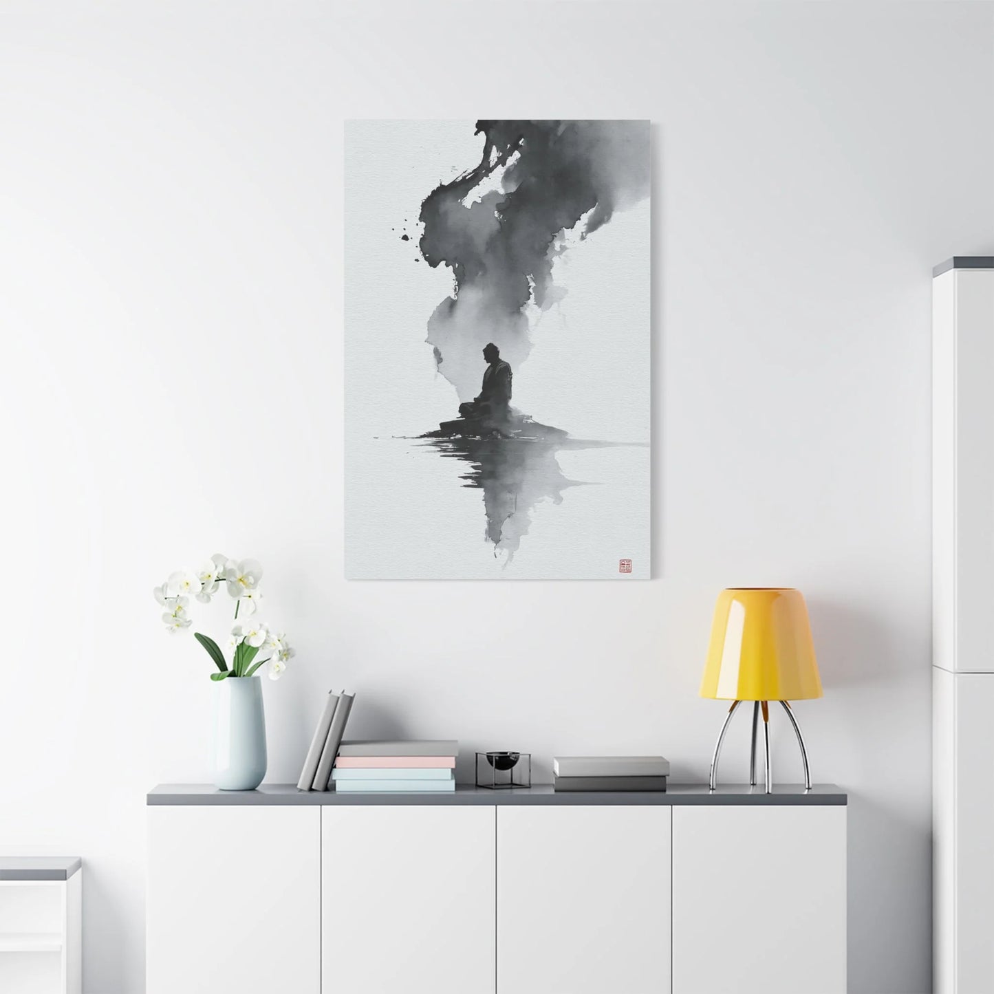 Tableau Calligraphie Bouddhique - Sagesse en Sumi-e - vue mur grande hauteur