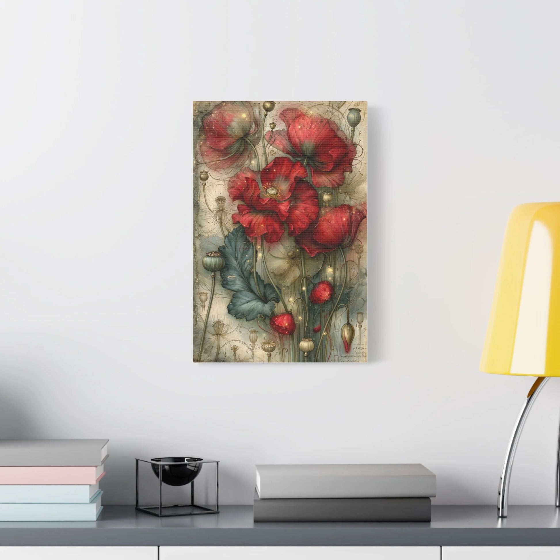 Tableau Coquelicots Vintage - Planche Botanique Ancienne - décor salon contemporain bois