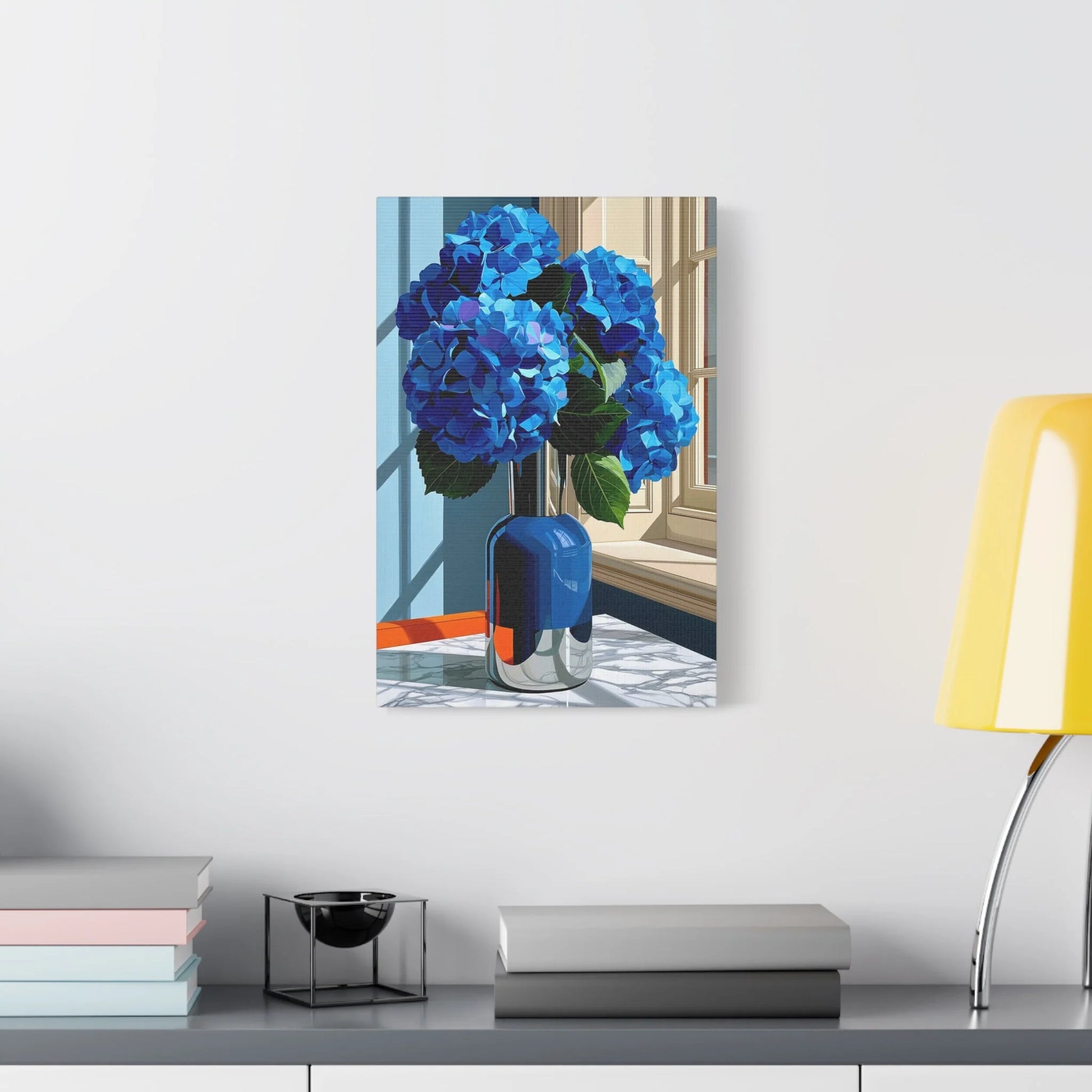 Tableau Nature Morte Hortensias Bleus Marbre - Fraîcheur Florale - décor salon contemporain bois