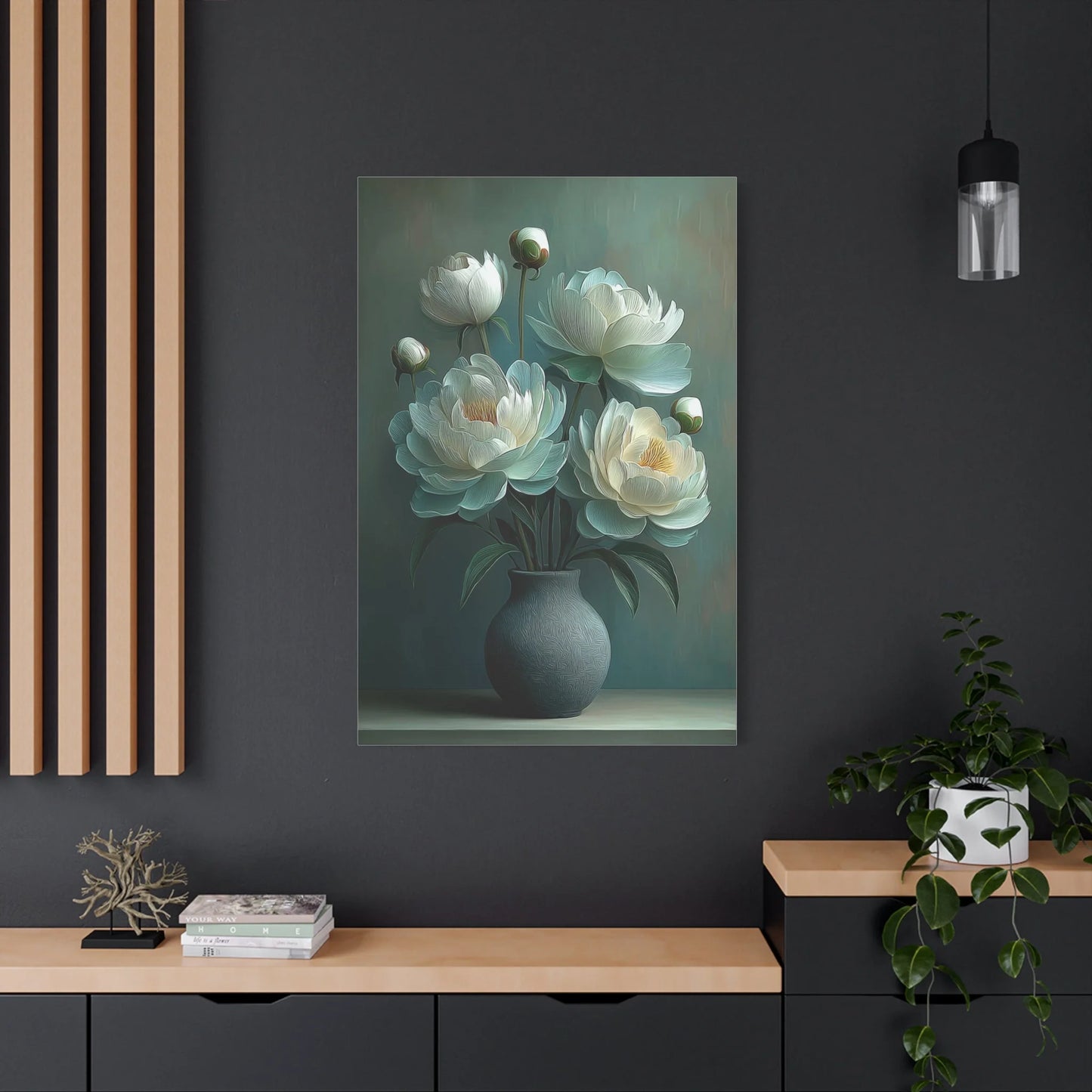 Tableau Chambre Vert Sauge - Pivoines en Méditation — Art Virtuoso