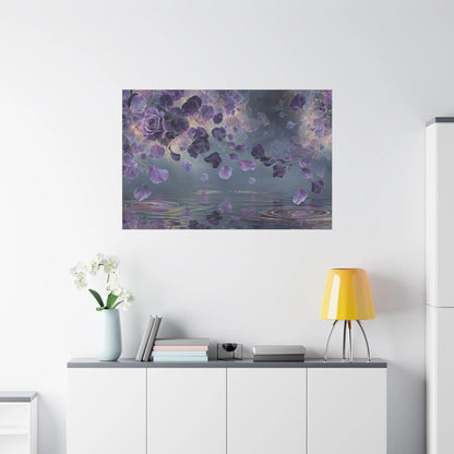 Tableau Pétales eau violet dans un salon contemporain