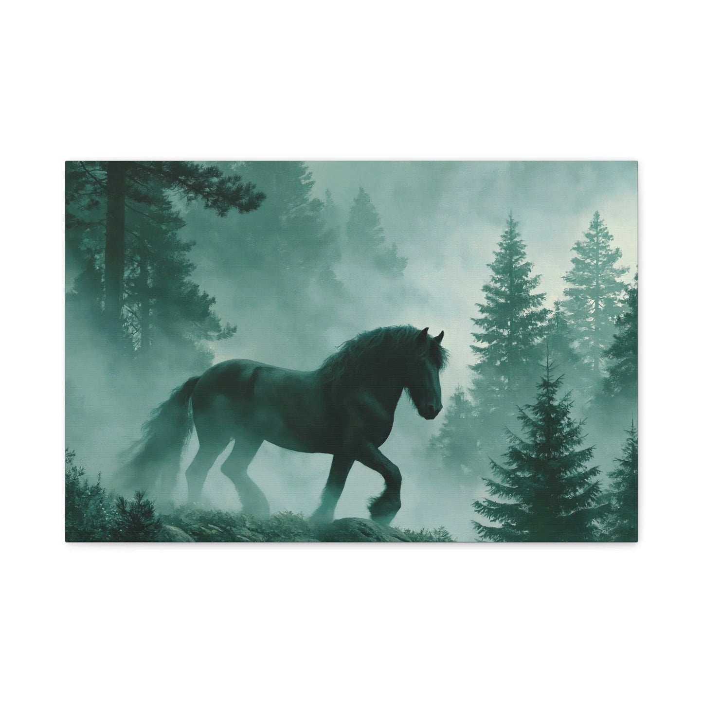 Cheval Frison noir forêt brumeuse - vue principale