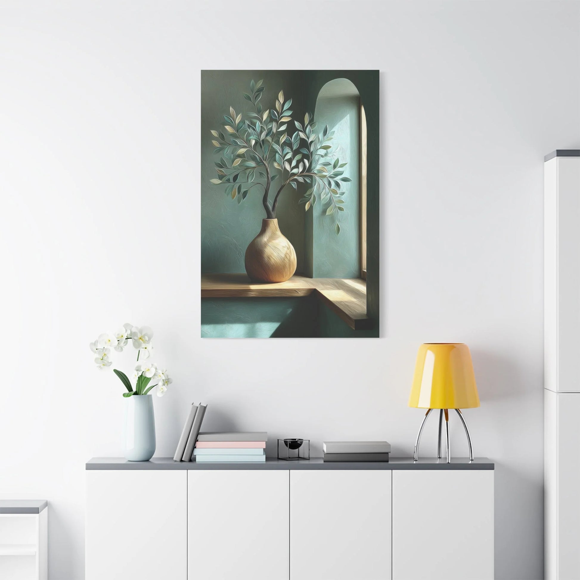 Tableau Vert sauge bois dans un salon contemporain
