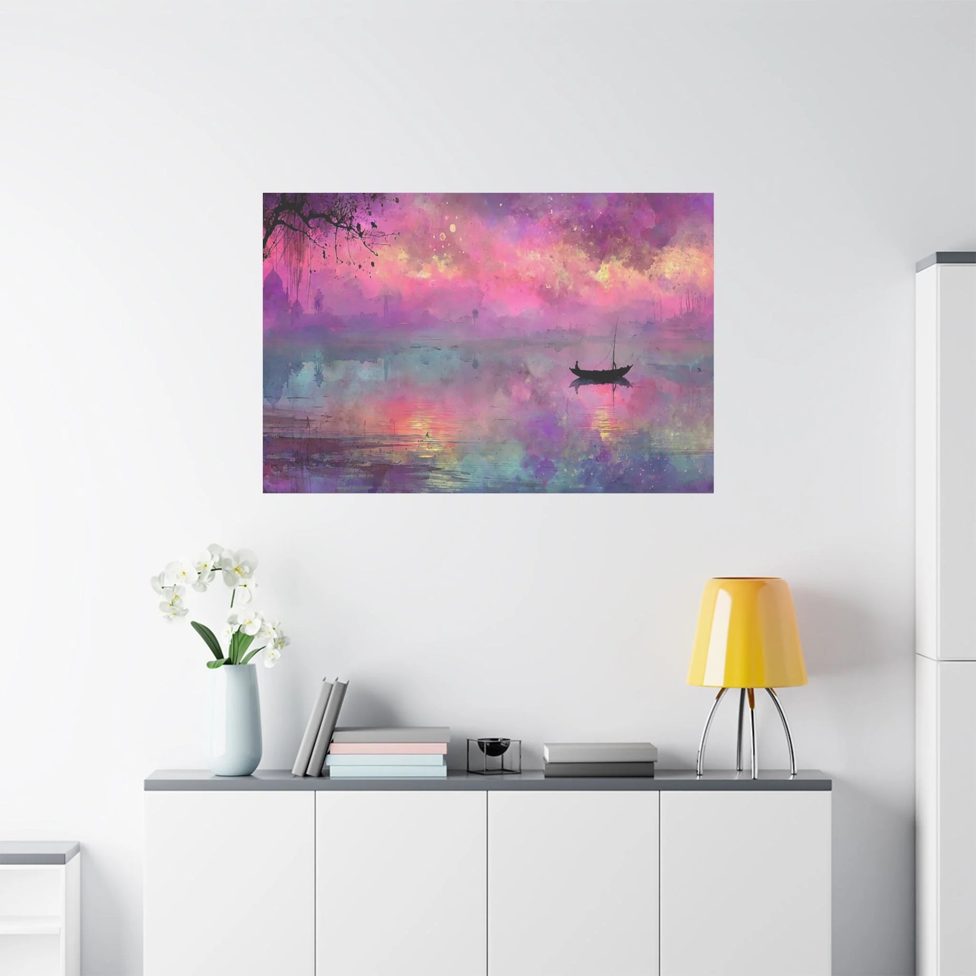 Tableau Crépuscule violet dans un salon contemporain