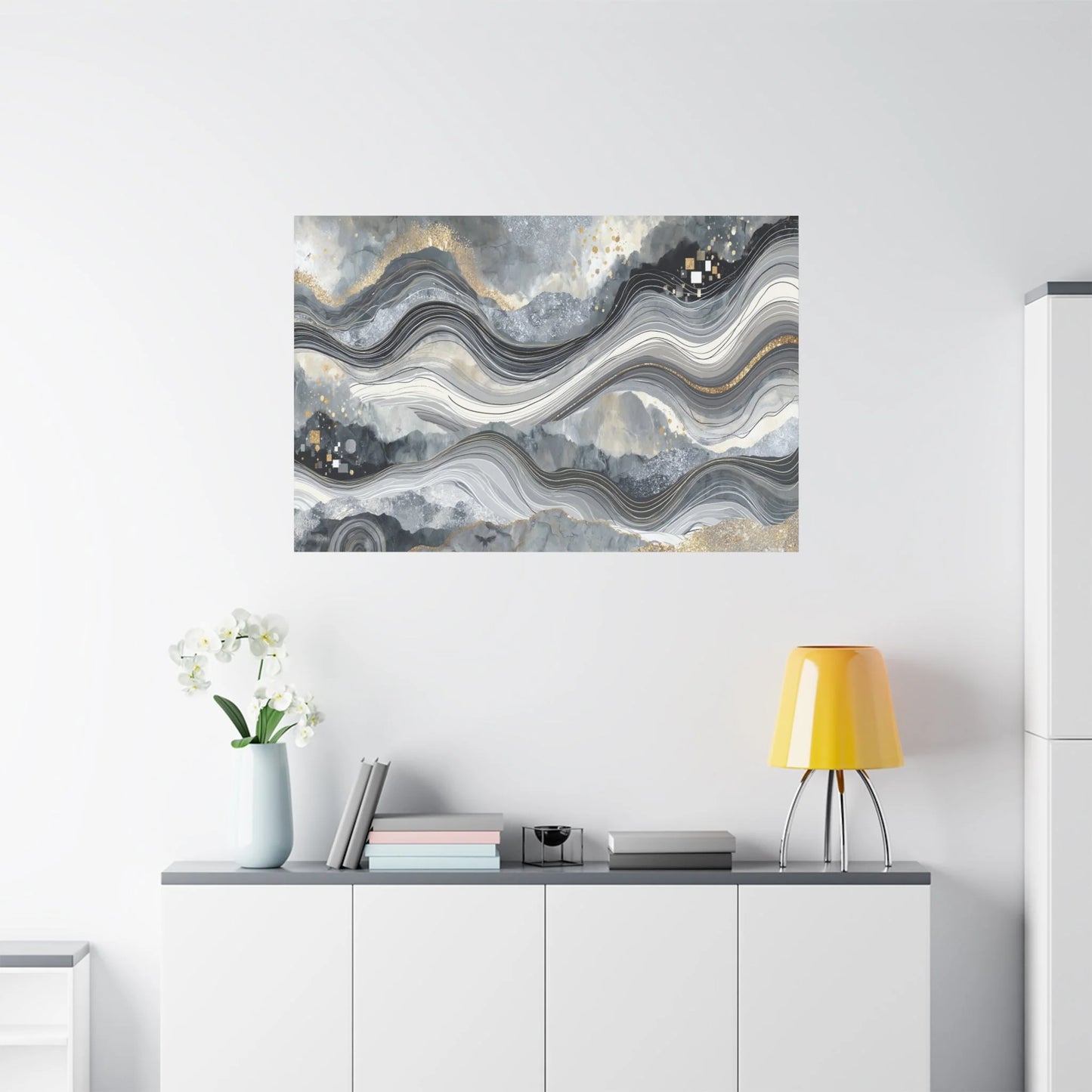 Tableau Abstrait gris dans un salon contemporain