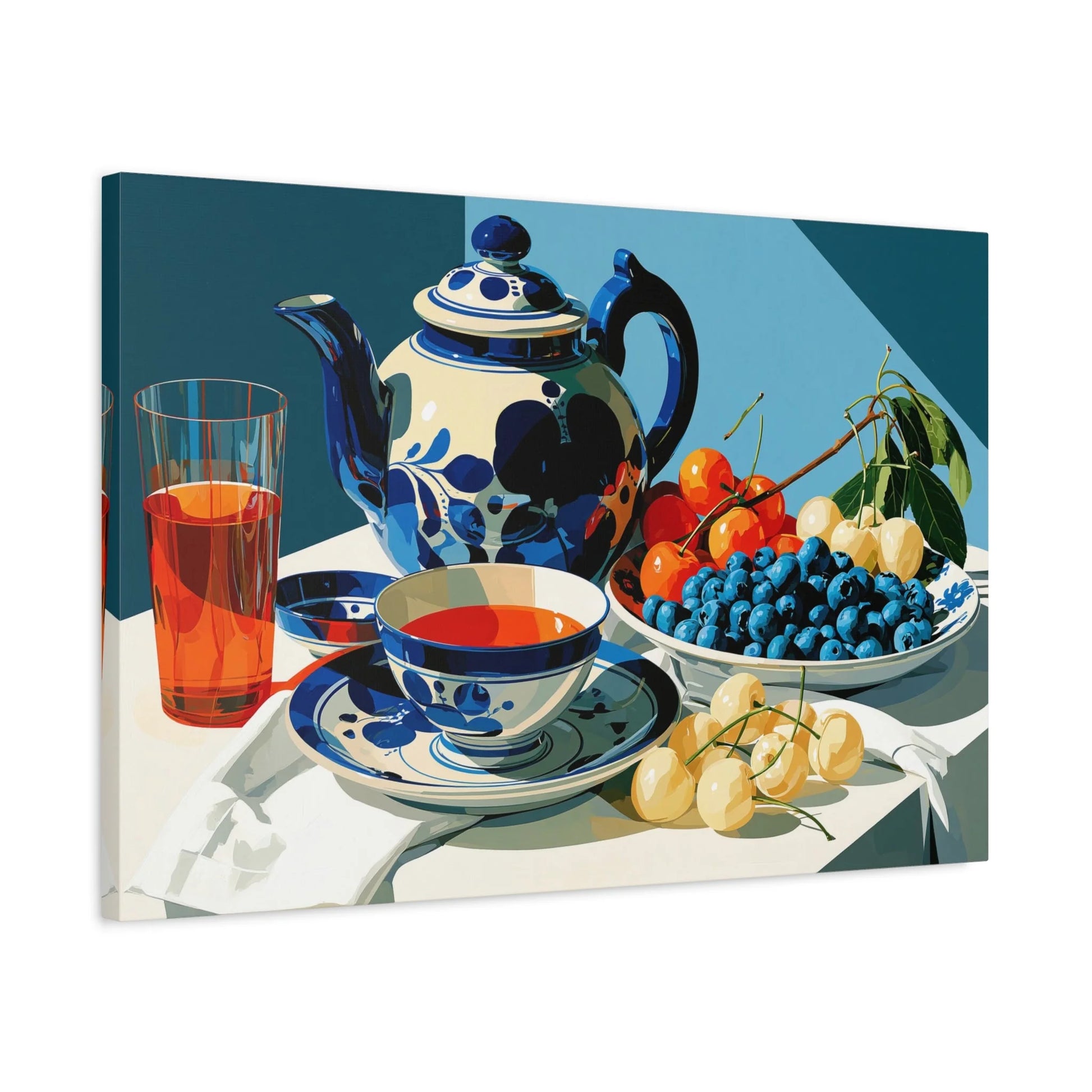 Tableau Nature Morte Porcelaine Delft Bleu Indigo - Silence de Faïence - mise en scène mur pierre apparente