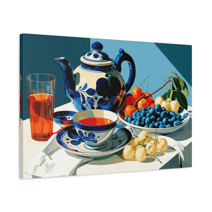 Tableau Nature Morte Porcelaine Delft Bleu Indigo - Silence de Faïence - mise en scène mur pierre apparente