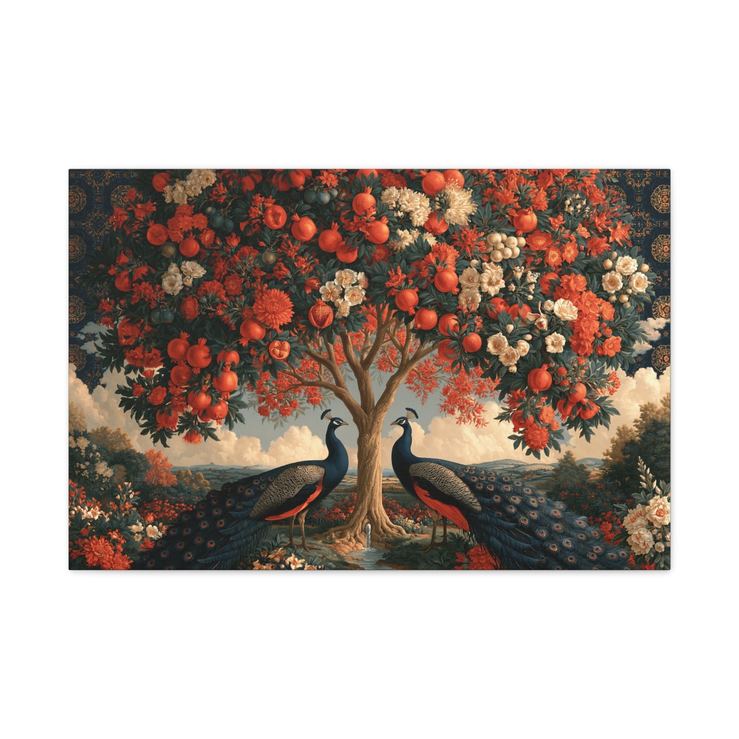 Tableau Kalpavriksha Arbre de Vie, un arbre d’abondance entouré de paons et couvert de fleurs rouges, format L - Art Virtuoso