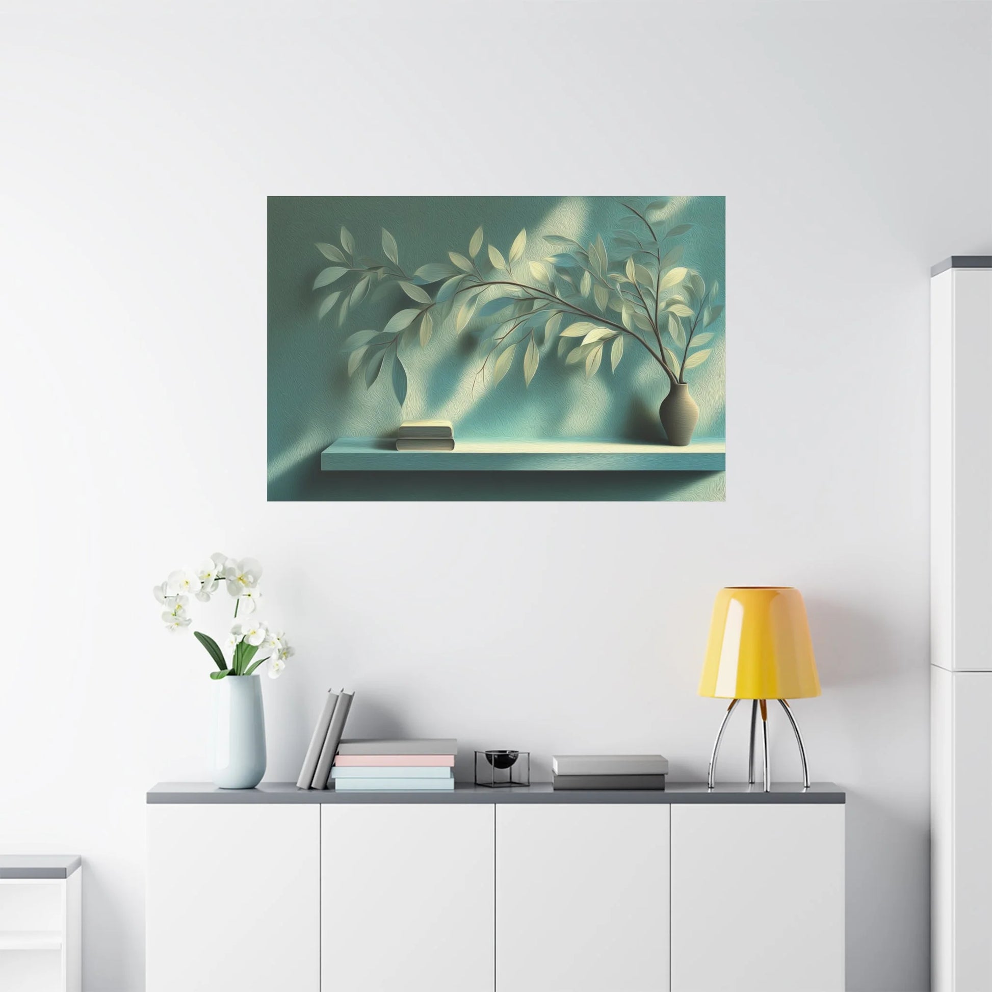 Tableau Salon vert sauge dans un intérieur lumineux