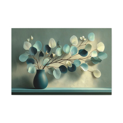 Tableau Bouquet eucalyptus vase bleu canard vert sauge