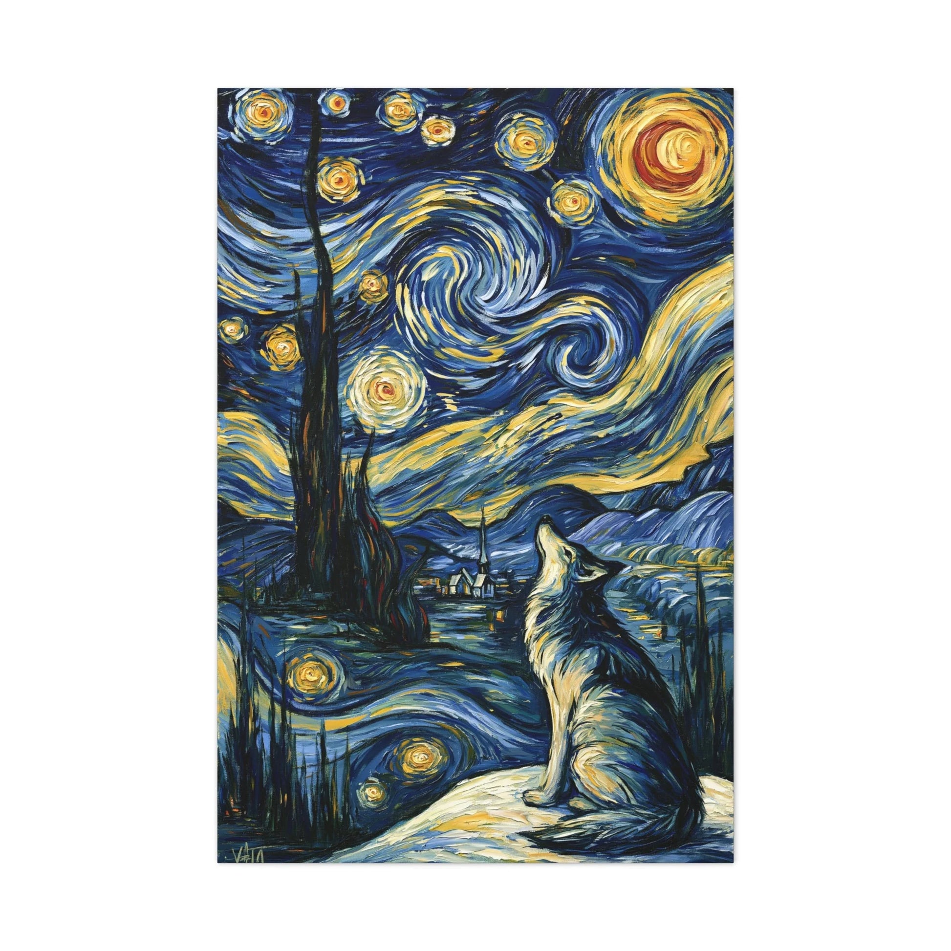 Tableau Loup sous la Voie Lactée - Hommage à Van Gogh - mise en scène entrée moderne