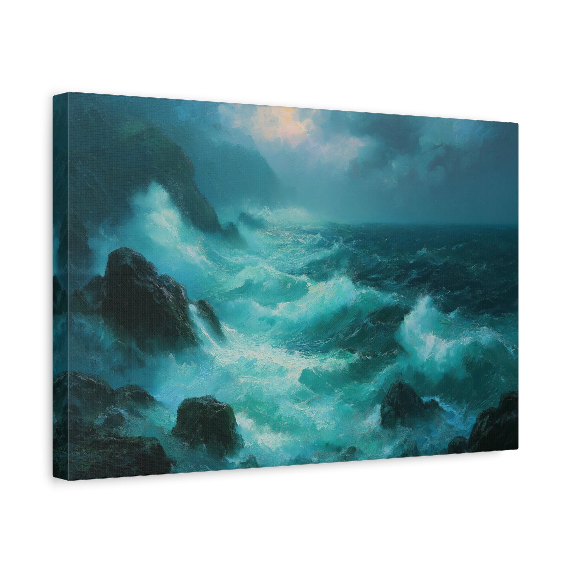 Mer agitee turquoise avec rochers noirs ecume blanche et ciel de tempete - Art Virtuoso - vue 6/20
