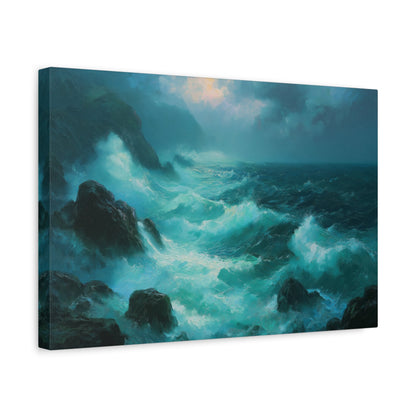 Mer agitee turquoise avec rochers noirs ecume blanche et ciel de tempete - Art Virtuoso - vue 6/20
