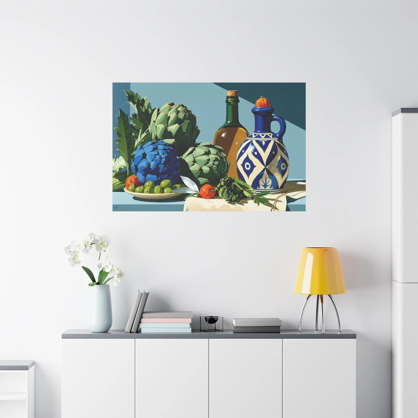 Tableau Nature Morte Artichauts Olives Asperges Vert Sauge - Marché Végétal - vue mur grande hauteur