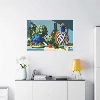 Tableau Nature Morte Artichauts Olives Asperges Vert Sauge - Marché Végétal - vue mur grande hauteur