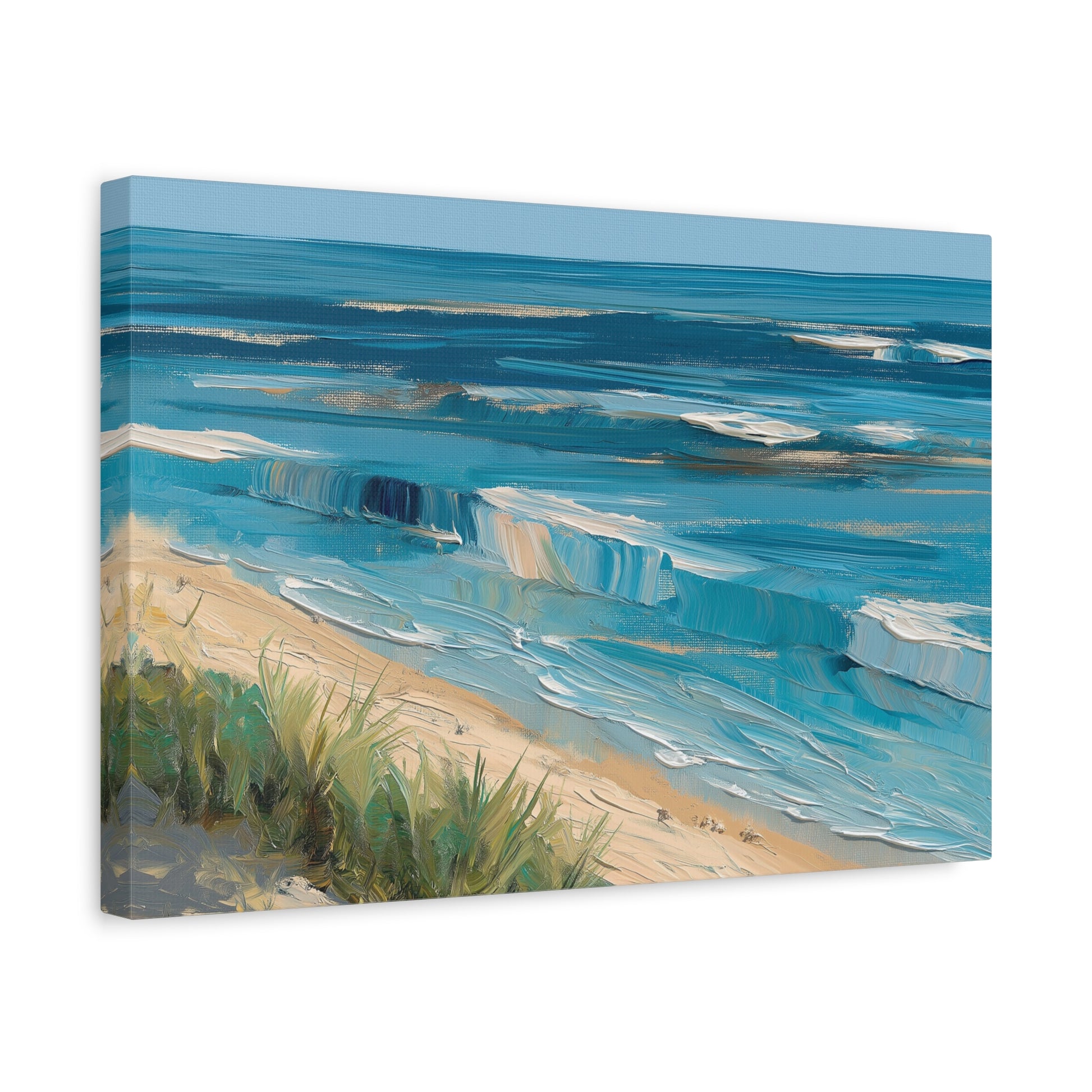 Vagues modernes en lignes bleues avec ecume blanche et plage stylisee - Art Virtuoso - vue 6/20