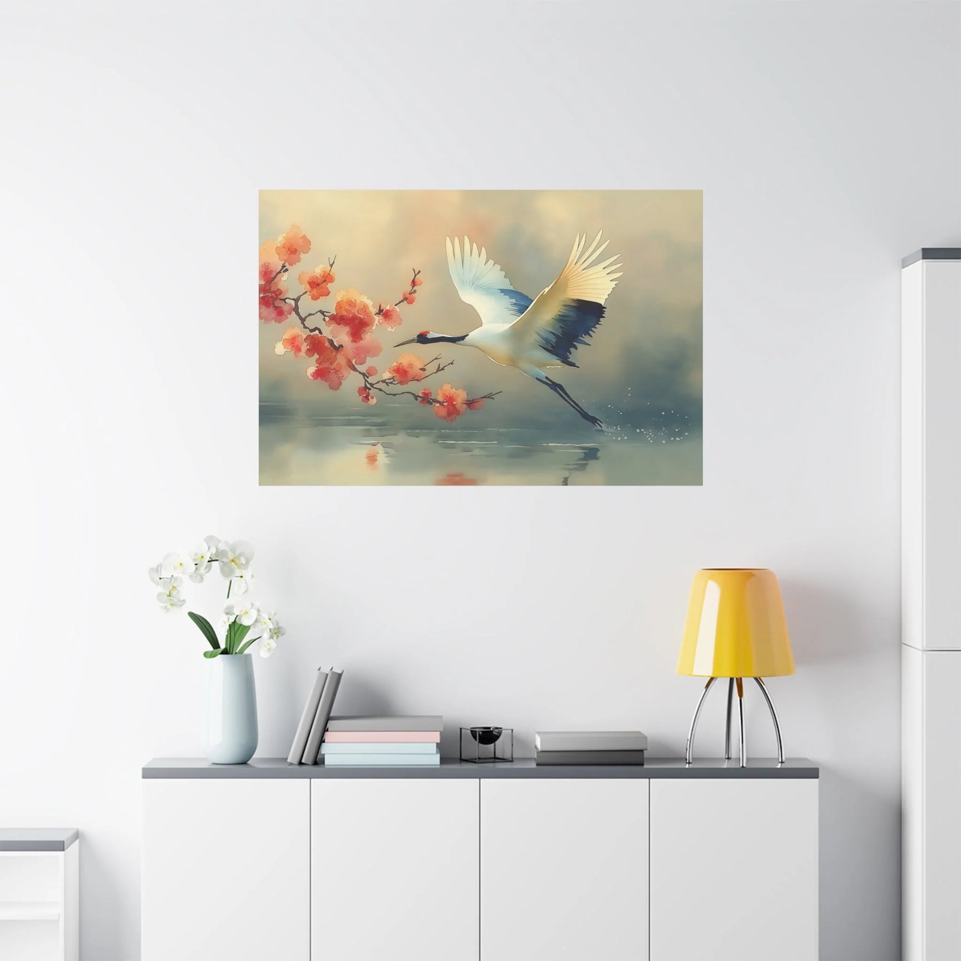 Tableau Grue cerisier zen dans un salon contemporain