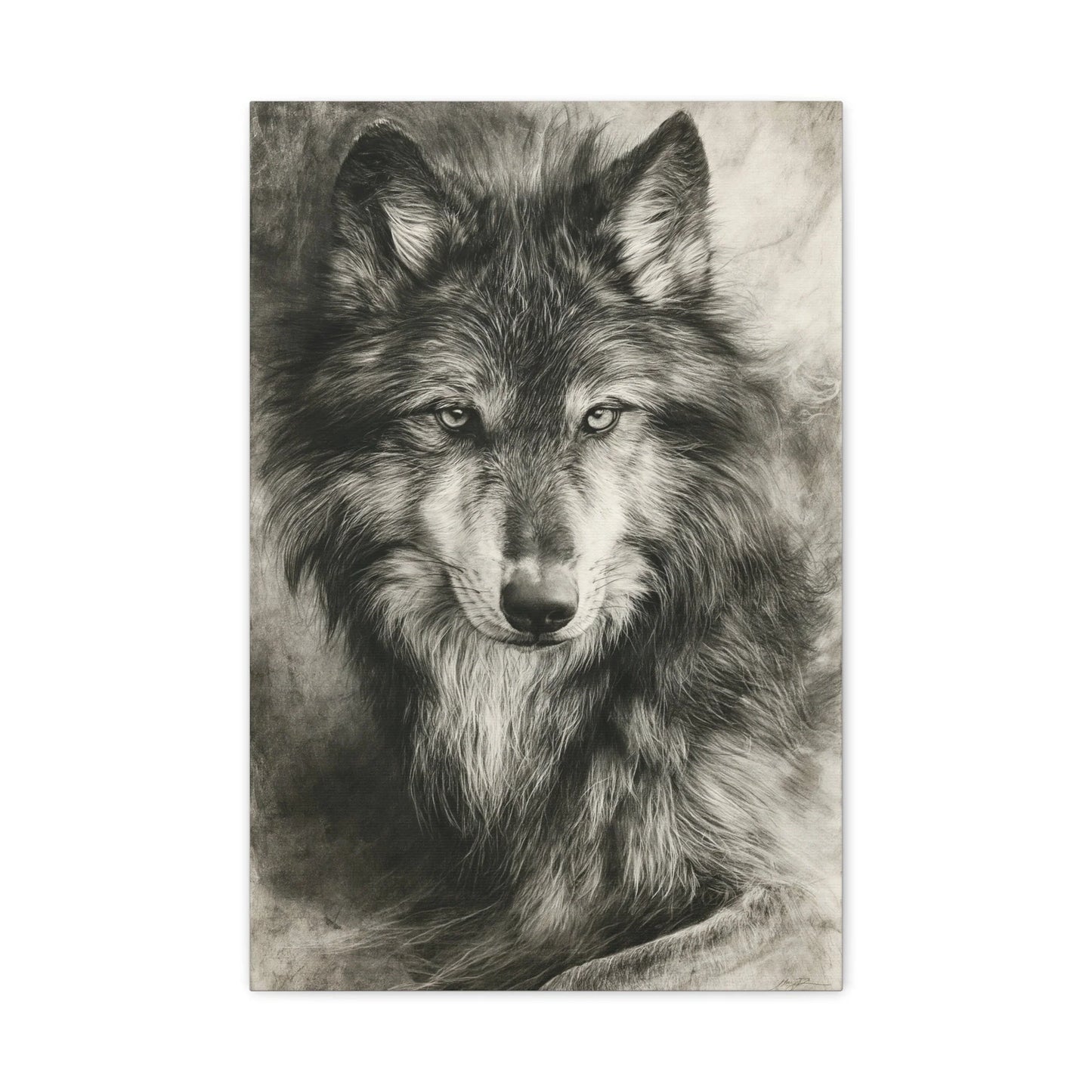 Tableau Loup Portrait - Fusain Noir et Blanc - vue mur blanc minimaliste
