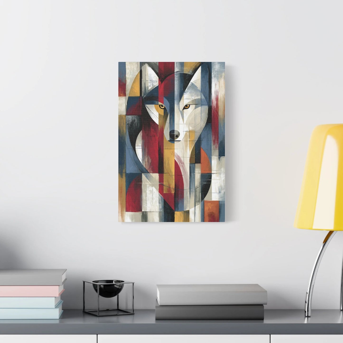 Tableau Loup Cubiste - Éclats Géométriques - décor salon contemporain bois