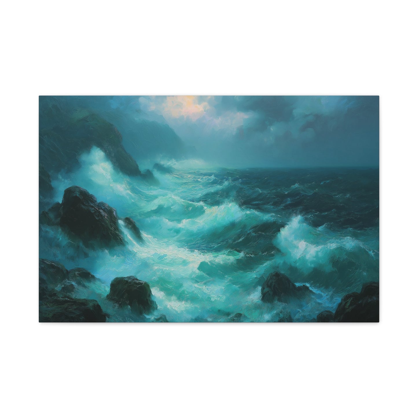 Mer agitee turquoise avec rochers noirs ecume blanche et ciel de tempete - Art Virtuoso - vue 3/20