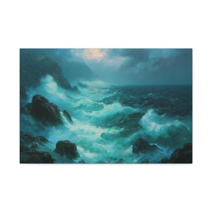 Mer agitee turquoise avec rochers noirs ecume blanche et ciel de tempete - Art Virtuoso - vue 3/20