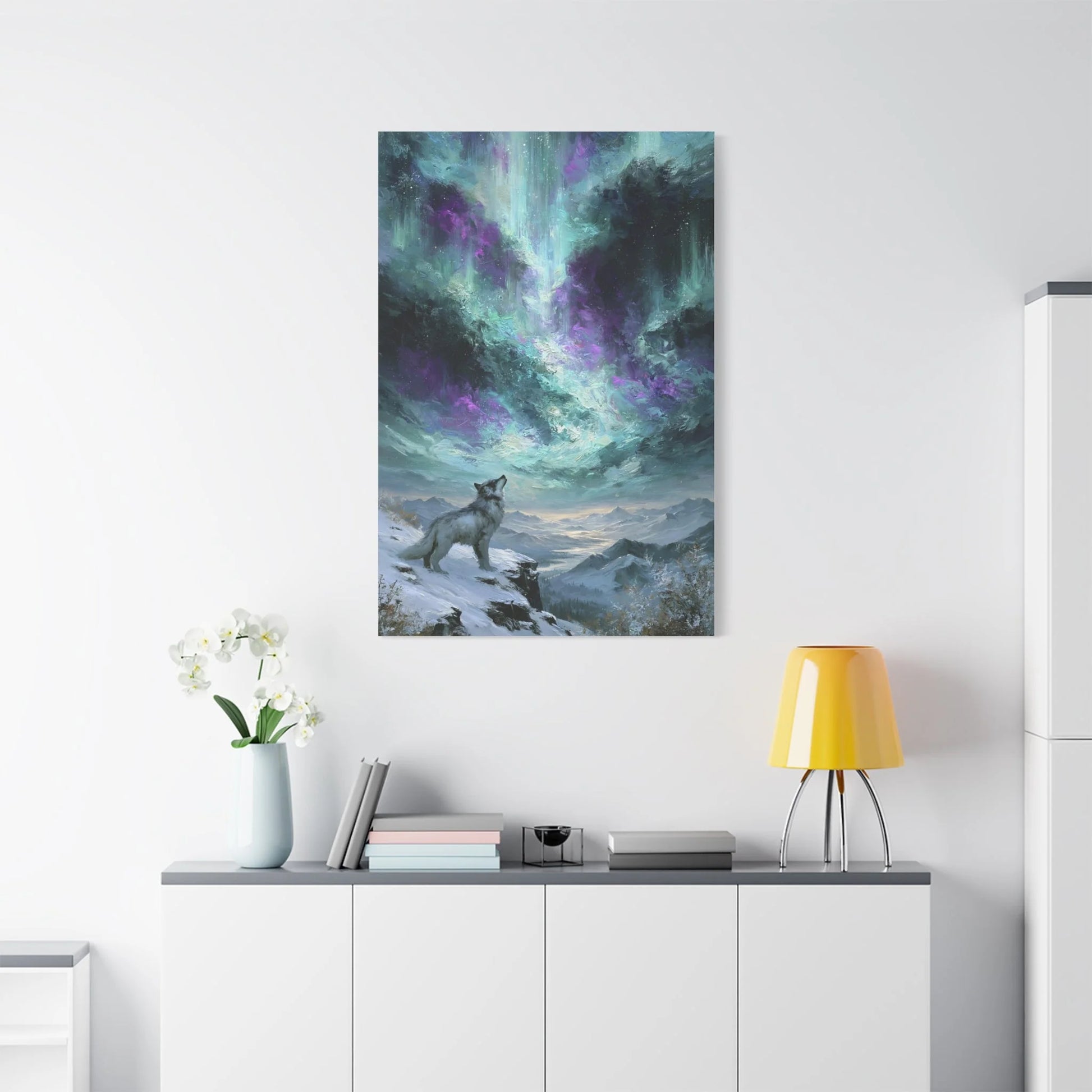 Tableau Loup Arctique - Aurore Boréale - vue mur grande hauteur