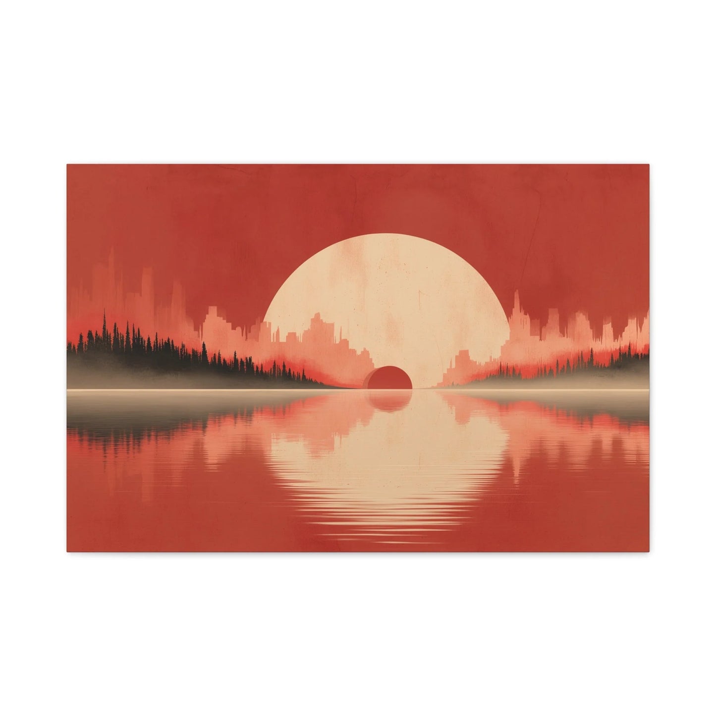 Tableau tableau aube forêt au-dessus d'un canapé bas