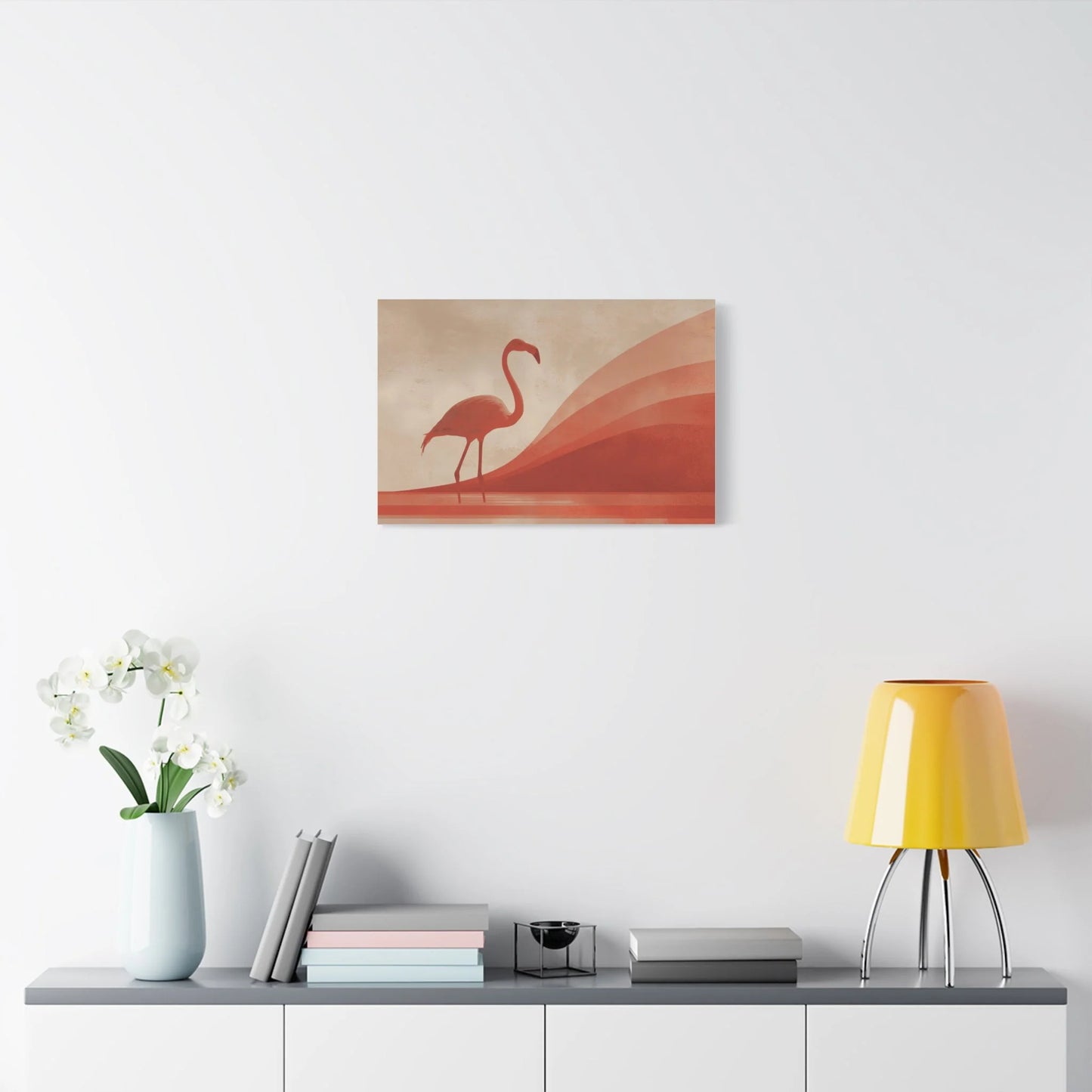 Décoration murale flamant terracotta dans une chambre adulte