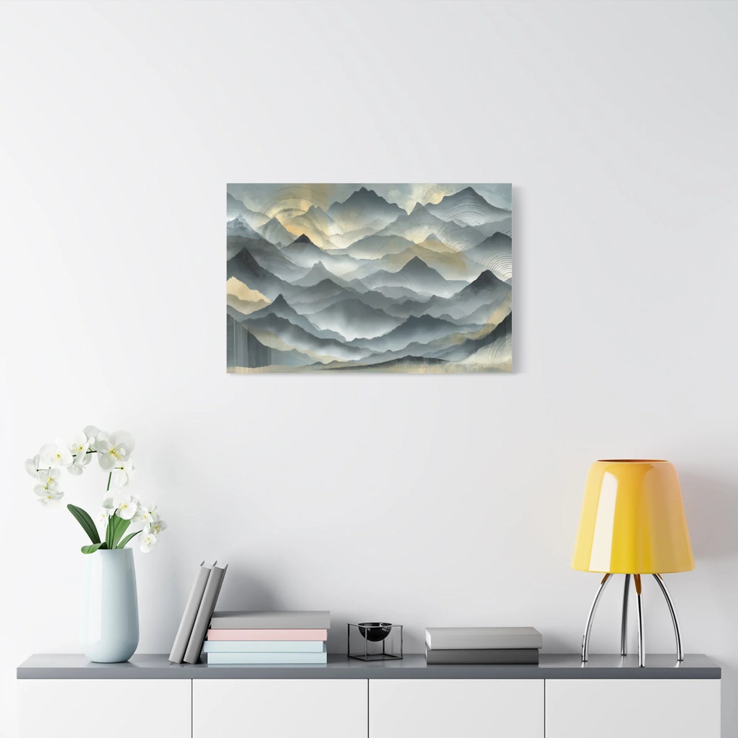 Tableau Montagne brume gris format horizontal grand pan de mur