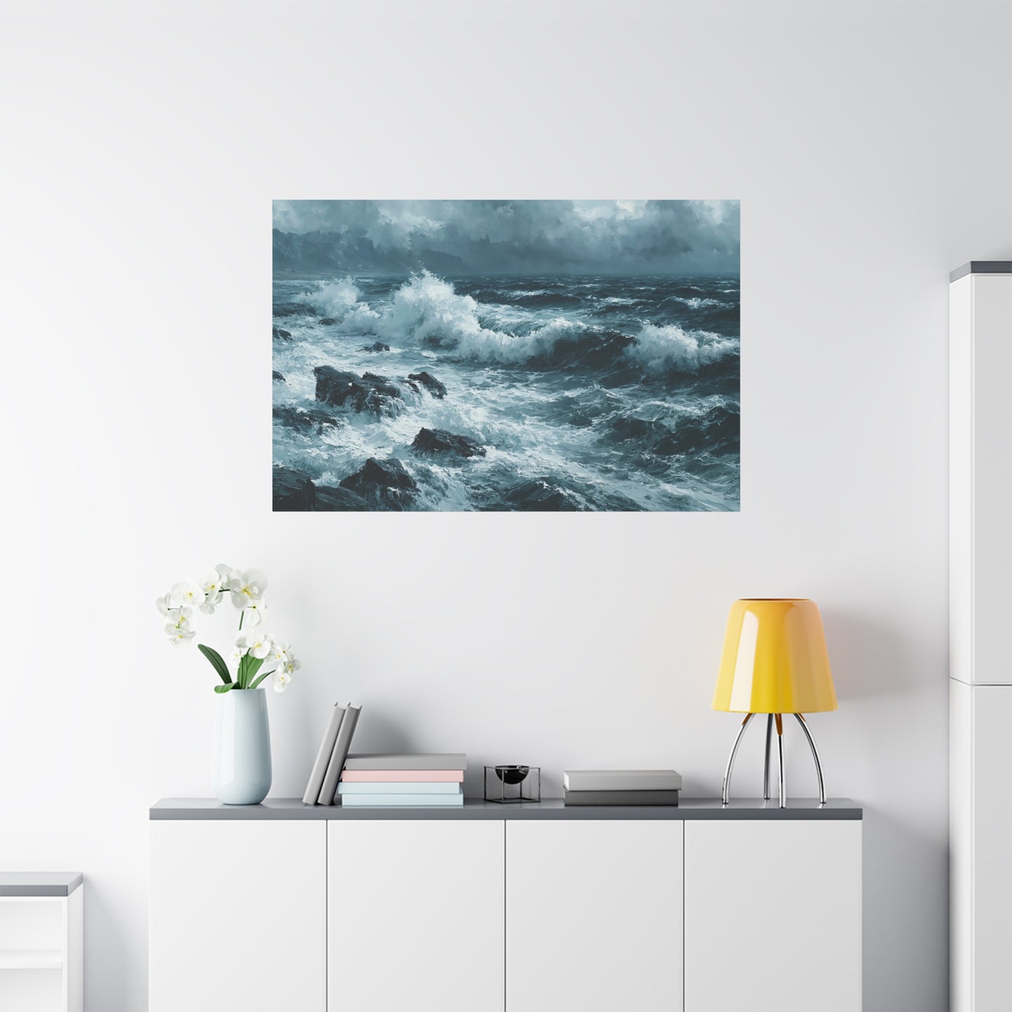 Mer noire et blanche agitee avec rochers sombres et ressac puissant - Art Virtuoso - vue 19/20