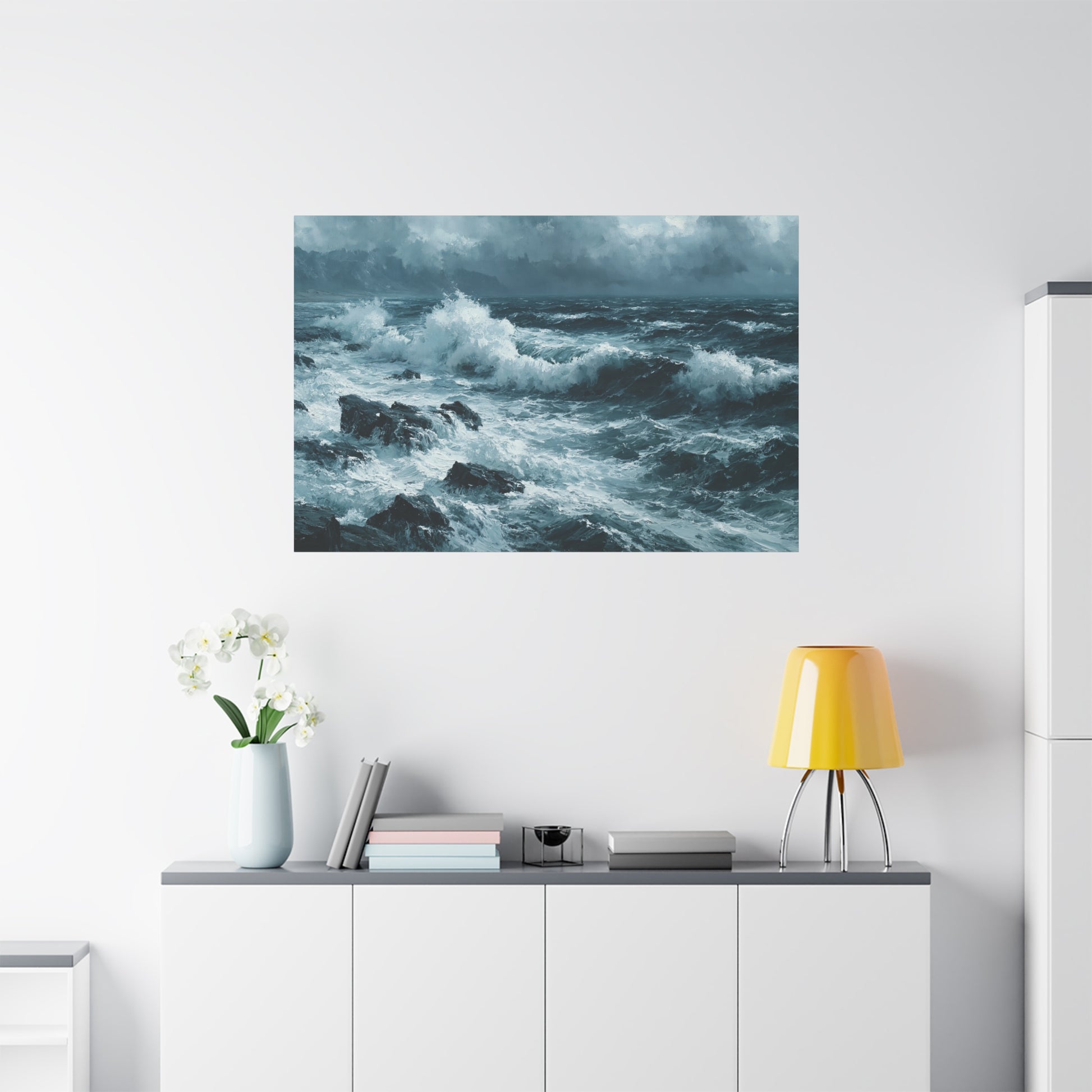 Mer noire et blanche agitee avec rochers sombres et ressac puissant - Art Virtuoso - vue 19/20