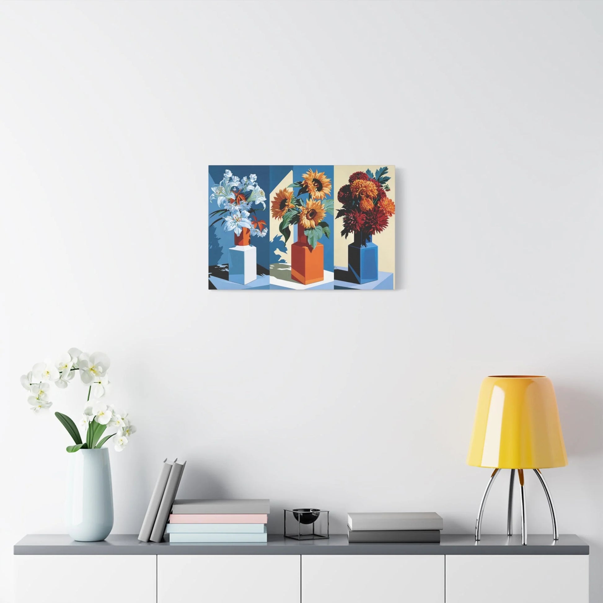 Tableau Nature Morte Triptyque Bouquet Saisons - Fleurs du Temps - ambiance chambre adulte