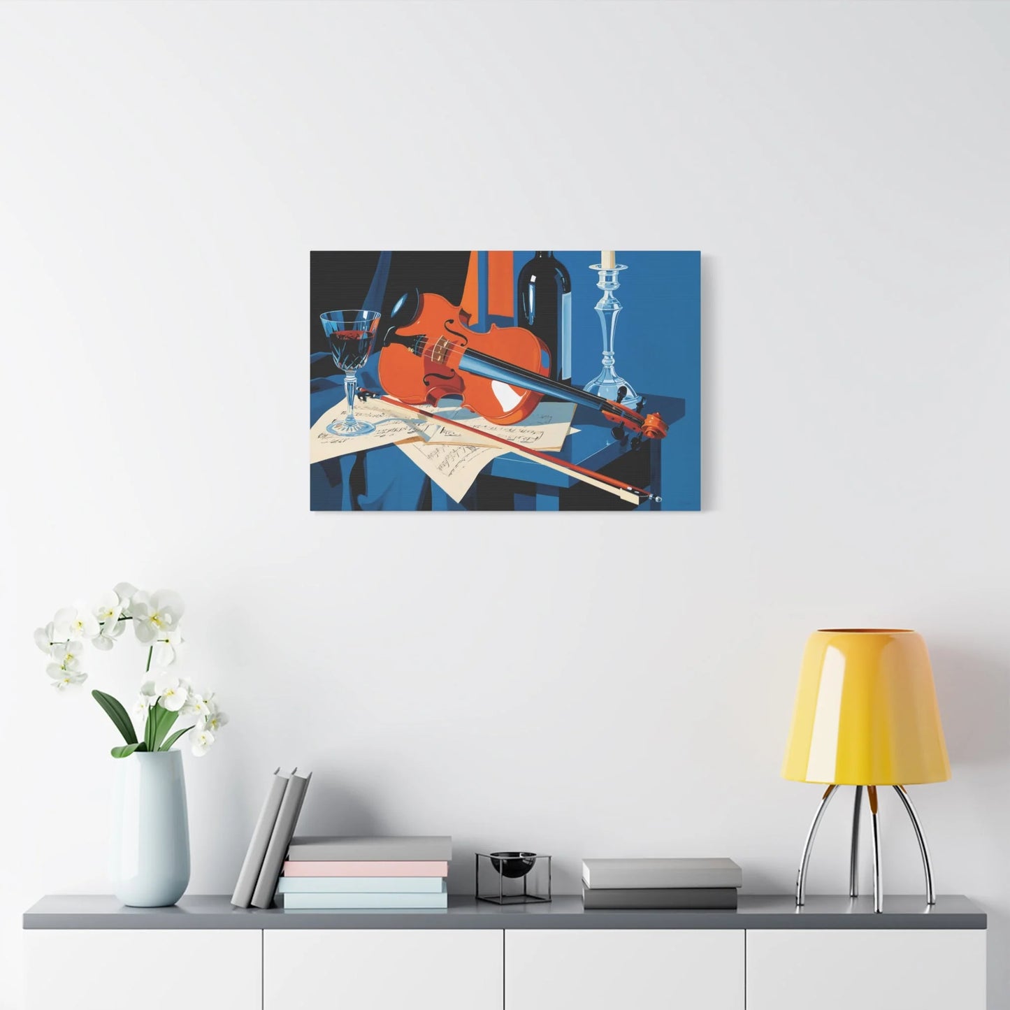 Tableau Nature Morte Violon Partition Vin - Accord du Soir - grand format salon spacieux